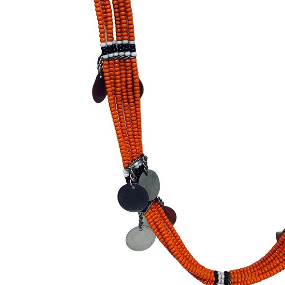 Multi Strand Orange, Black & White Seed Bead Necklace W/Dangling Circles (5468) - Picture 3 of 7